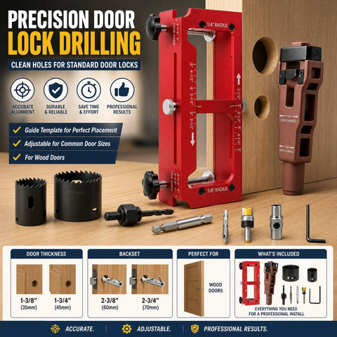 Heavy Duty Door Hinge Jig Kit Featuring Sturdy Aluminum Template For Quick Hinge Mortising And No Sweat Deadbolt Setup On Most Popular Household Doors, showing a red precision lock drilling guide with accessories.