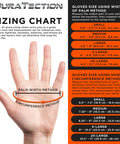 Sizing chart for gloves detailing palm width and circumference methods for Premium 8 Mil Orange Nitrile Work Gloves.