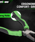 Six Inch Pro Grade Screw Extractor Pliers with Non Slip Jaws and Linesman Grip, ergonomic green handle, side view.