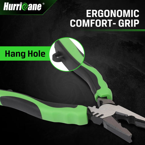 Six Inch Pro Grade Screw Extractor Pliers with Non Slip Jaws and Linesman Grip, ergonomic green handle, side view.