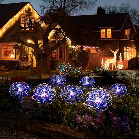 Night garden with Must Have Outdoor Solar Firework Stake Lights With 120 LEDs Waterproof 2 Pack Sparklers String Lights glowing