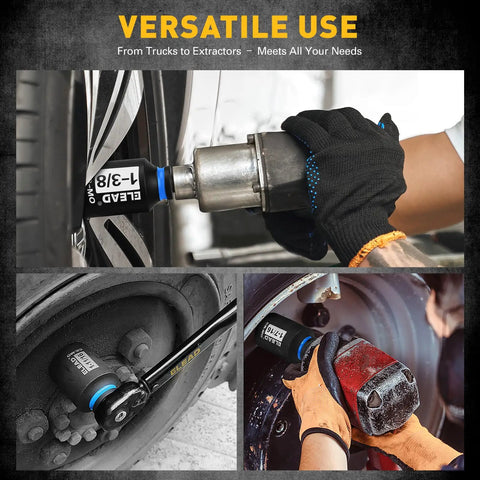 One Half Inch Drive Deep Impact Socket Set Eight Piece SAE Wheel Nut Wrench Kit applied on truck wheel axle.