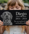 Girl holding Personalized Pet Memorial Stone With Photo For Dogs And Cats Custom Headstone And Garden Marker With Image