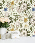 Vintage Floral Peel And Stick Wallpaper For Walls And Cabinets Removable Vinyl Peonies In Bedrooms Nurseries And Girls Rooms 17.7 Inches Wide By 118 Inches Long Self Adhesive Contact Paper displayed behind a classic white phone.