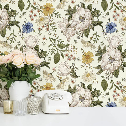 Vintage Floral Peel And Stick Wallpaper For Walls And Cabinets Removable Vinyl Peonies In Bedrooms Nurseries And Girls Rooms 17.7 Inches Wide By 118 Inches Long Self Adhesive Contact Paper displayed behind a classic white phone.