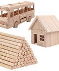 Top Shelf 100 Pack Of Unfinished Natural Wood Dowel Rods One Eighth Inch By 12 Inches Long For Weekend Arts And Crafts Projects featuring a bus and house models.