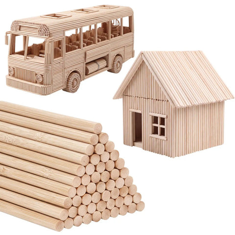 Top Shelf 100 Pack Of Unfinished Natural Wood Dowel Rods One Eighth Inch By 12 Inches Long For Weekend Arts And Crafts Projects featuring a bus and house models.