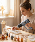 Woman using Powerful Dual Temperature Heat Gun With 572F And 1112F Settings Overload Protection Four Nozzles 900 To 1300W Hot Air Tool