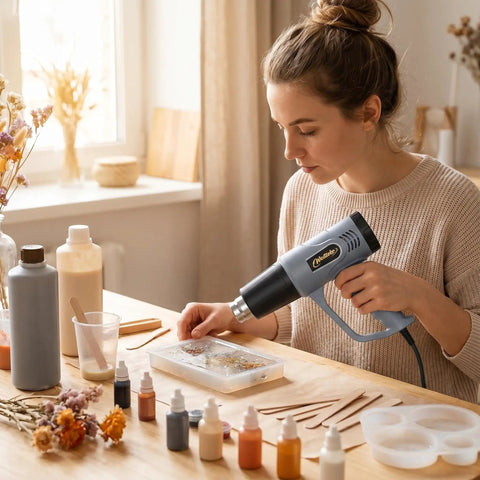 Woman using Powerful Dual Temperature Heat Gun With 572F And 1112F Settings Overload Protection Four Nozzles 900 To 1300W Hot Air Tool