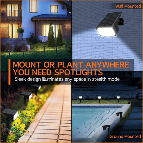 Wall and ground-mounted outdoor solar spot lights illuminating pathways and pool area with IP65 waterproof, 50 LED spotlight in night view.