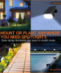 Outdoor Solar Spotlight Kit With 50 LED Lights IP65 Waterproof Landscape Pathway lighting mounted and planted in different areas.