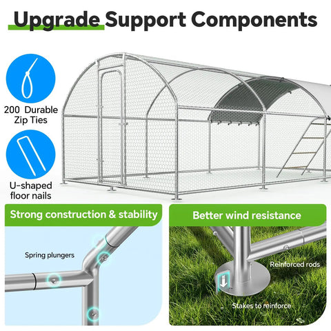 Heavy Duty Metal Chicken Coop With Weatherproof Canopy For Farm And Backyard Use Supporting Chickens Ducks And Rabbits, Rust Resistant Steel Frame, Dome Roof Roosting Perch, 10 Ft Wide By 19.7 Ft Long By 6.4 Ft High, featuring upgrade support components.