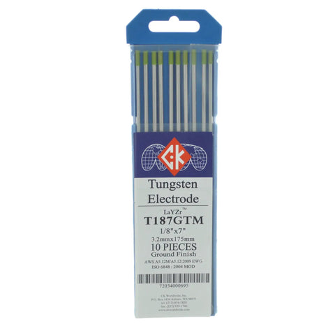 LaYZr Tungsten Electrode One Eighth Inch By Seven Inch, Ten Pack For Pro Grade Smooth Automated Robot Welding On AC And DC, Chartreuse Layzr EWG With Lanthanum Zirconium Yttrium Oxides