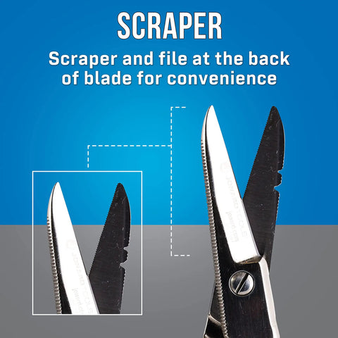 Heavy Duty Electrician Scissors with serrated blade showing scraper and file detail for cleaner wire cuts and stripping