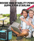 Couple camping with heavy duty solar generator kit, 1800W power for gear, LiFePO4 battery next to tent and Starlink dish.