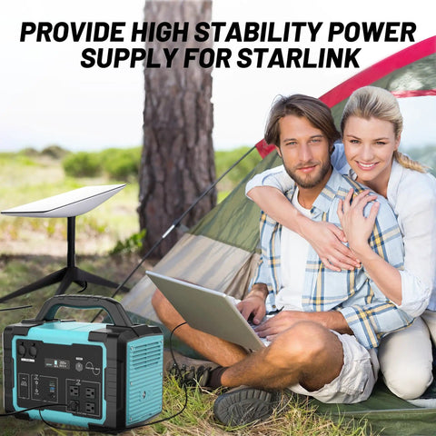 Couple camping with Portable Power Station 1800W Continuous, 3600W Surge, 1024Wh LiFePO4 Solar Generator next to tent and Starlink device