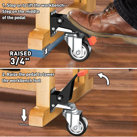 Installed SPACEKEEPER 3-inch retractable workbench caster with foot pedal; black mount and silver wheel (4-pack, Amazon)