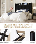 Queen Size Velvet Bed Frame With Storage Headboard And Charging Station Black Upholstered Bookshelf Base Keeping Your Phones Juiced For Solid Bedroom Vibes, featuring a wingback headboard and cozy bedding.
