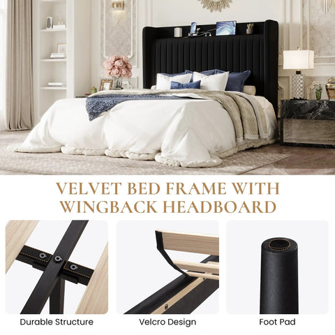 Queen Size Velvet Bed Frame With Storage Headboard And Charging Station Black Upholstered Bookshelf Base Keeping Your Phones Juiced For Solid Bedroom Vibes, featuring a wingback headboard and cozy bedding.