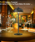 Cordless Table Lamp With 5200mAh Battery on restaurant table with glassware, ambient lighting, USB C charging, 3-stage dimming