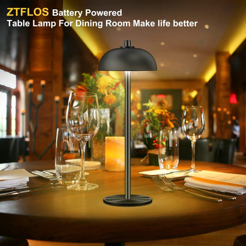 Cordless Table Lamp With 5200mAh Battery on restaurant table with glassware, ambient lighting, USB C charging, 3-stage dimming