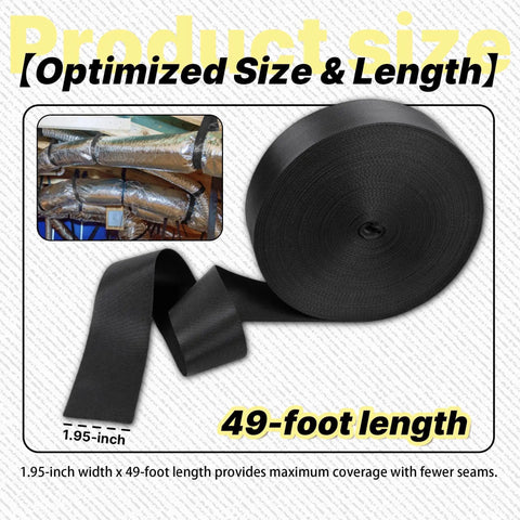Heavy Duty Duct Strap 1.95 Inch By 49 Foot Black Nylon Strapping For HVAC Ducts, industrial-grade strap roll shown with ducts