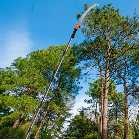 Lightweight Manual Pole Saw Extension For Tree Pruning 10 Foot Reach with stainless steel blade positioned against tree branches.