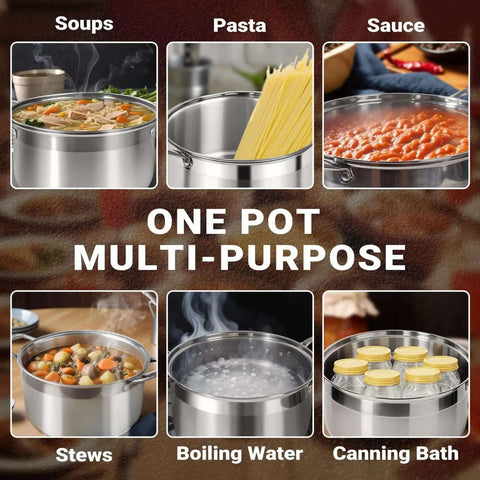 8 Quart Stainless Steel Stock Pot With Heavy Duty 5 Layer Bottom For Induction Cooking, Visible Glass Lid, Nonstick Thick Pot