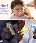 Giraffe Themed No-Touch 3 In 1 Baby And Kids Thermometer For Infants With Quick Forehead Ear And Body Temp Readings, Kid Friendly Design To Keep Toddlers Chill During Temp Checks. 3-in-1 mode showing ear, forehead, and bottle use