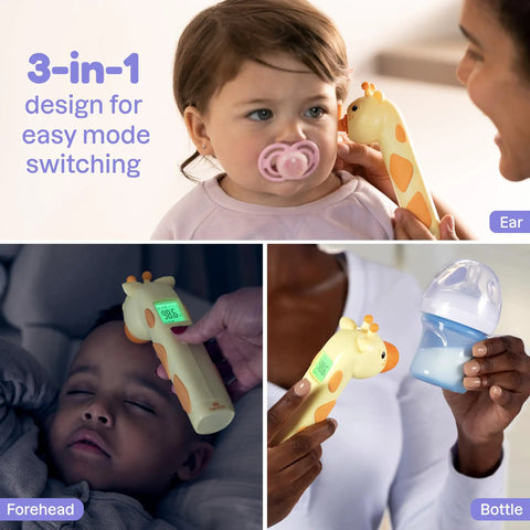 Giraffe Themed No-Touch 3 In 1 Baby And Kids Thermometer For Infants With Quick Forehead Ear And Body Temp Readings, Kid Friendly Design To Keep Toddlers Chill During Temp Checks. 3-in-1 mode showing ear, forehead, and bottle use