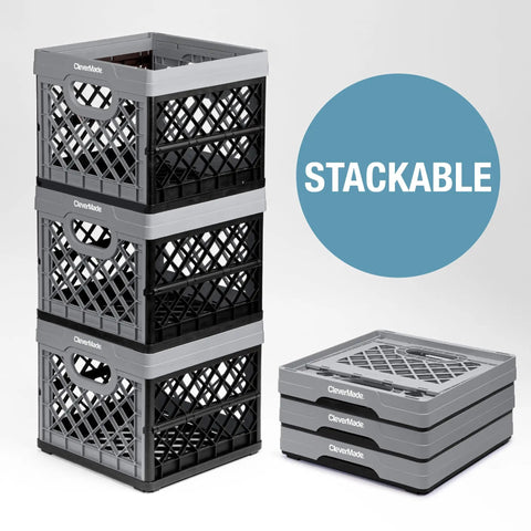 Stacked and collapsed Neptune Blue Collapsible Milk Crate 3 Pack 25L Each 6 Gallon Heavy Duty Stackable Storage Bins