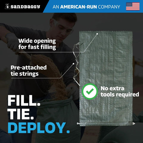 Heavy Duty Empty Sandbags For Flood Protection 14 By 26 Inches Poly Sand Bags With Tie Strings Reusable UV Resistant For Barriers And Construction Jobs Pack Of 50, showing pre-attached tie strings and wide opening for filling.