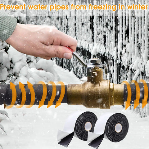 Applying 3 Inch By 13Ft Pipe Insulation Tape 2 Pack Weather Resistant Foam Pipe Wrap on outdoor water pipe in snowy setting
