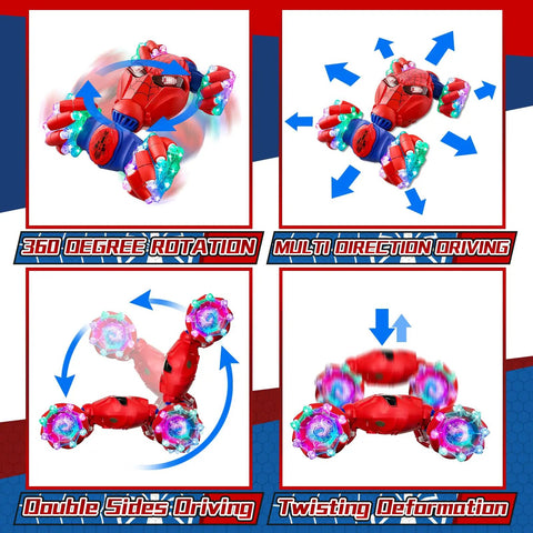 Dope Gesture Sensing Remote Control Stunt Car for Kids Ages 3 to 14, showing 360 degree rotation and dual-sided features