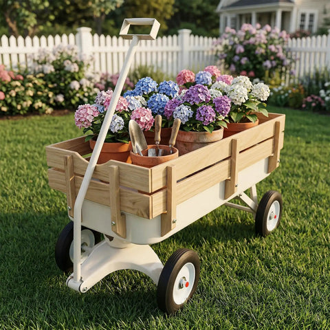 Steel Frame Wagon With 8 Inch All Terrain Air Tires And Wooden Side Panels, carrying potted flowers and gardening tools in a garden.
