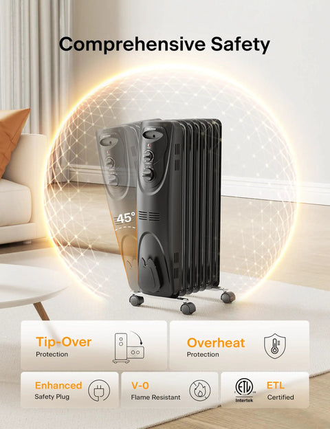 Big Room Electric Oil Filled Radiator Heater With Dual Knobs 1500W Fast Heat Quiet Space Heater in a living room setup