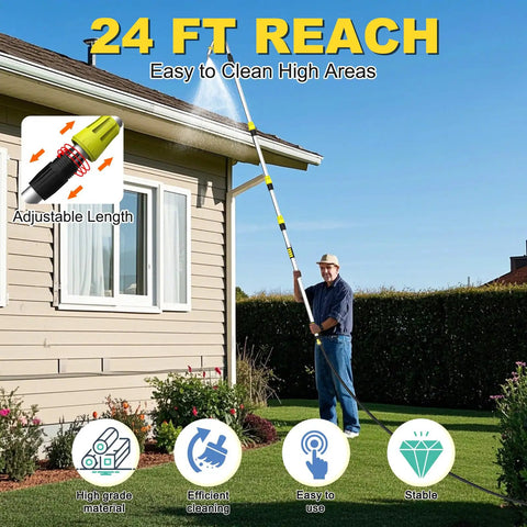 Man using Telescoping Gutter Cleaning Kit With 16Ft To 24Ft Reach From The Ground, 360 Degree Rotating Metal Nozzle outside house