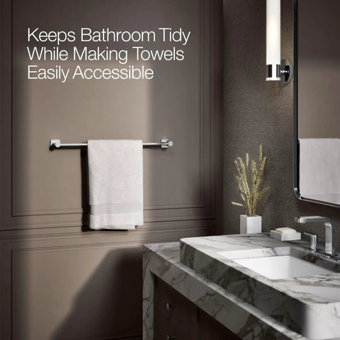 Parallel 24-Inch Towel Bar In Polished Chrome mounted in bathroom, showcasing circular-in-square design with towel displayed