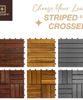 Top Shelf Nine Piece Solid Acacia Wood Interlocking Deck Tiles Non Slip Grooved Outdoor Flooring various styles in striped and crossed patterns.