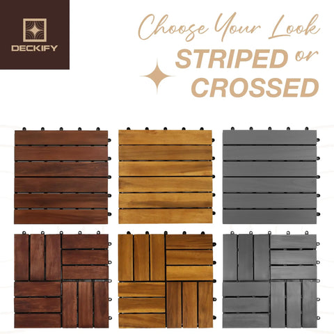 Top Shelf Nine Piece Solid Acacia Wood Interlocking Deck Tiles Non Slip Grooved Outdoor Flooring various styles in striped and crossed patterns.