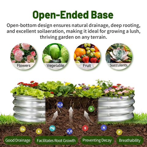 Galvanized Raised Garden Bed Kit 4x2x1 Ft Outdoor Oval Planter Box with plants and open-bottom design for drainage