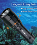DL10R Dive Light 4500 Lumens Beast Mode Underwater Flashlight with magnetic rotary switch shown against ocean background.