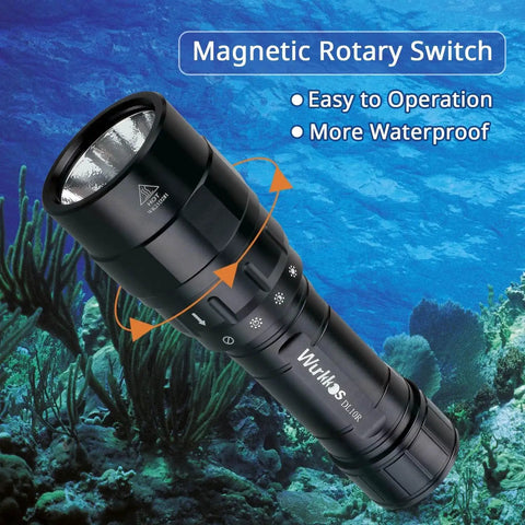 DL10R Dive Light 4500 Lumens Beast Mode Underwater Flashlight with magnetic rotary switch shown against ocean background.