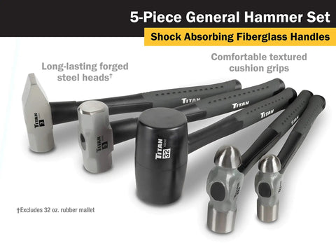 Five Piece Hammer Set With 16 Oz Ball Pein Hammer, 32 Oz Ball Pein Hammer, 32 Oz Rubber Mallet, 3 Lb Sledge Hammer, And 3 Lb Cross Pein Hammer, Shock Absorbing Fiberglass Handles With Textured Grips displayed on a white background.