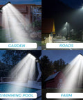 60W Solar Street Light Outdoor With 6000 Lumens LED Flood Brightness illuminating various outdoor settings like garden, roads, pool, farm