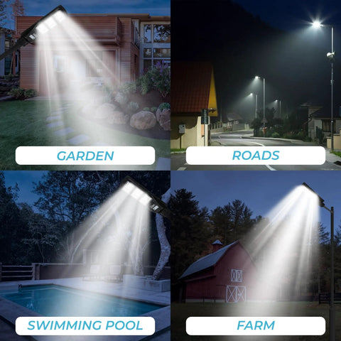90W Solar Street Light Outdoor Wire Free 9000 Lumen Waterproof LED Flood Light illuminating garden, roads, pool, and farm.