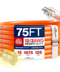 75Ft Outdoor Indoor Extension Cord 12 Gauge 3 Conductor Heavy Duty SJTW Waterproof ETL Listed Orange with lighted plug