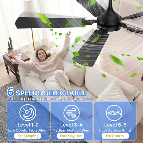 Woman relaxing under 52 Inch Modern Ceiling Fan With Lights And Remote Control, Quiet DC Reversible Motor, Noiseless Performance, 3CCT LED Lighting.