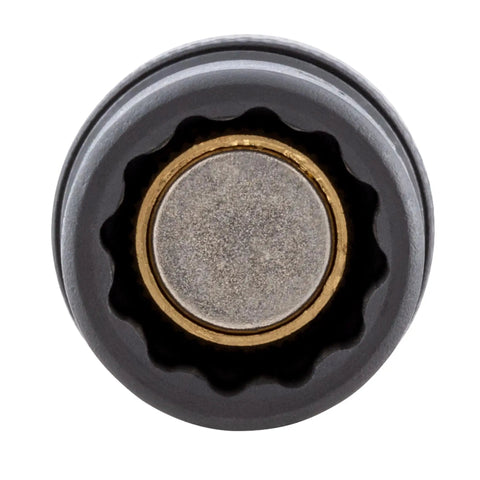 Close-up of 1/4 Inch Drive Universal Magnetic Impact Socket, 12 Point Cr-Mo Alloy, from 11-Piece Kit, top view.
