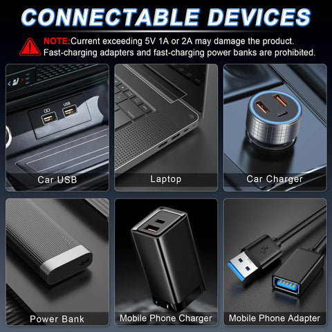 Connectable devices for Two Pack Green USB Car Ambient LED Night Lights with laptop, car USB, charger, power bank, and adapter.